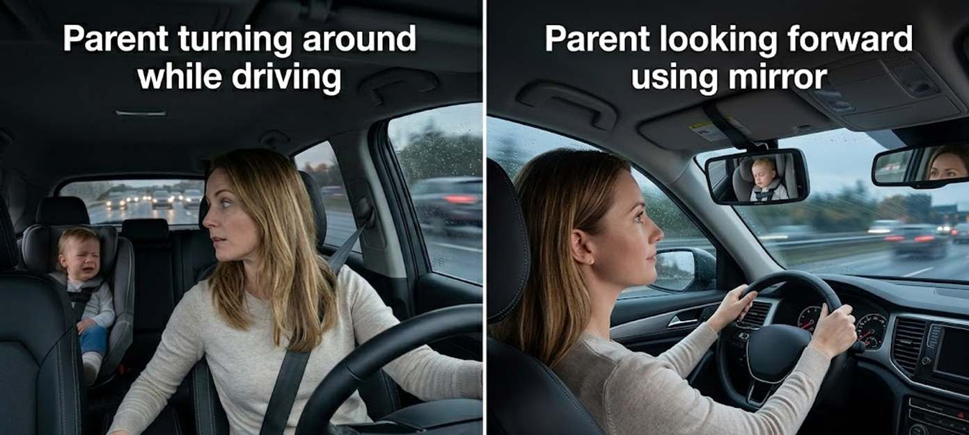 Two side-by-side images showing a parent turning around while driving and looking forward using a mirror.