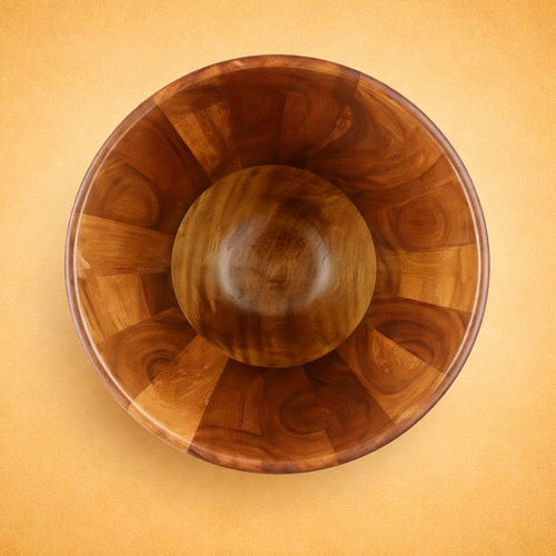 Acacia wood mixing bowl fitted to a tilt-head stand mixer
